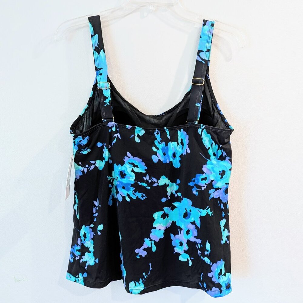 FULLFITALL Nwt Flared Tankini 16 Blue Poppies / Black Flattering Relaxed Fit - Picture 7 of 11